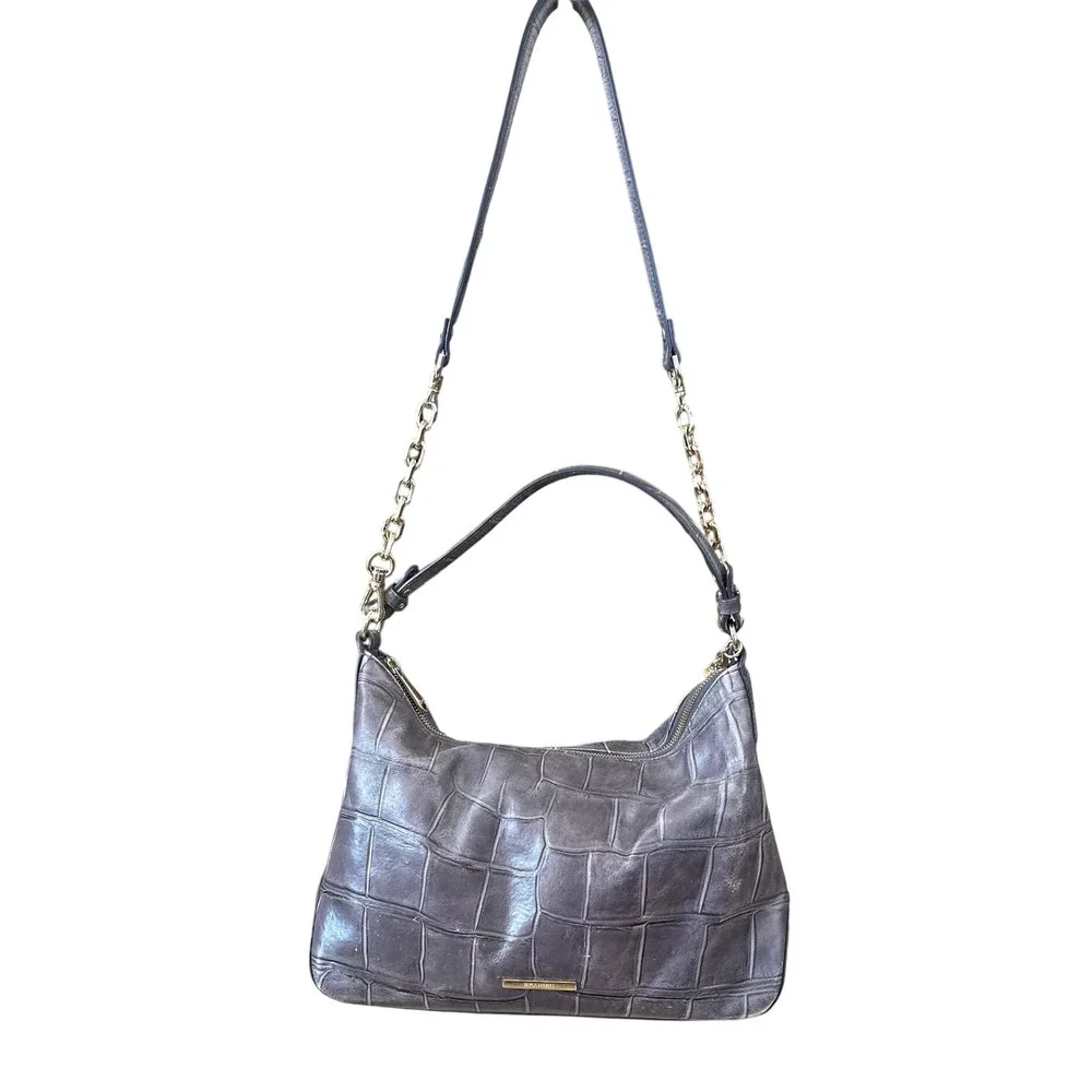 Brahmin Grey Croc Embossed‎ Leather Shoulder Bag Gold Chain Tassel Accent